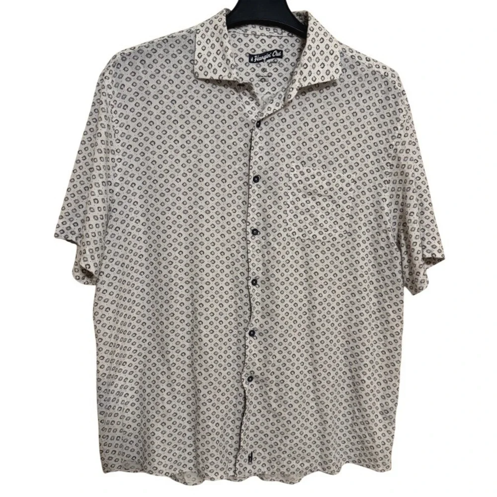 johnnie-O Hanging Out Button Down Shirt Mens XL Linen Blend White AOP Vacation